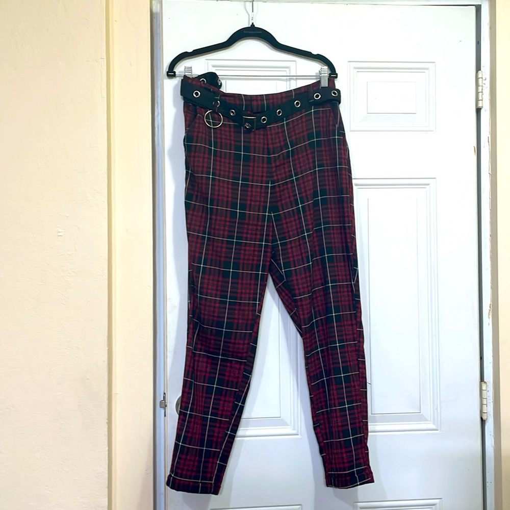 Hot Topic black and red plaid dress pants with buckle belt and chain attachment